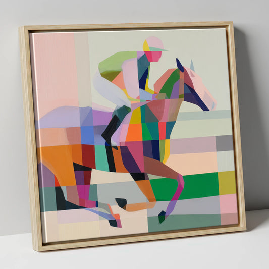 Prismatic Stride racing horse canvas wall art in natural frame
