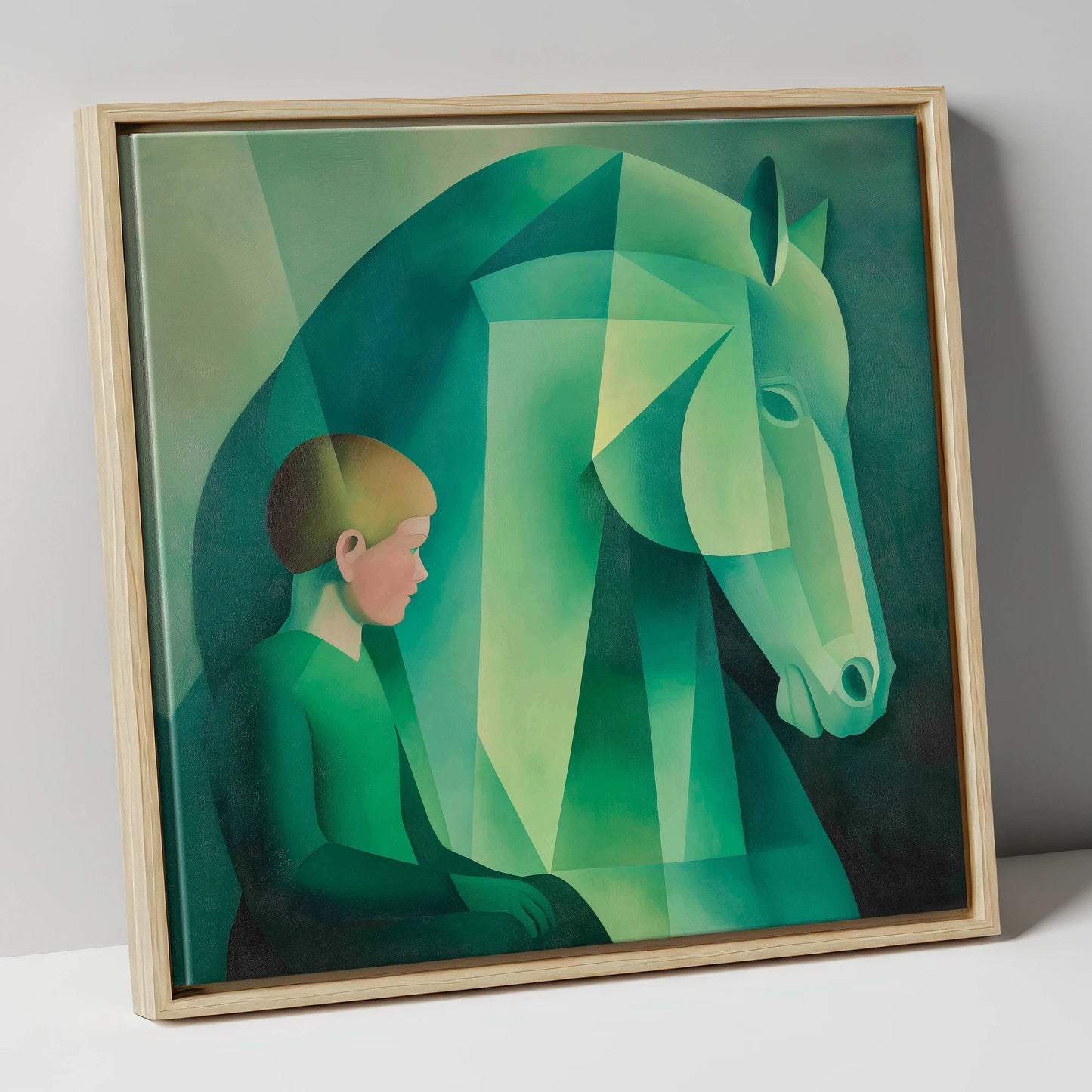 Emerald Equine Connection horse & rider canvas wall art in natural frame