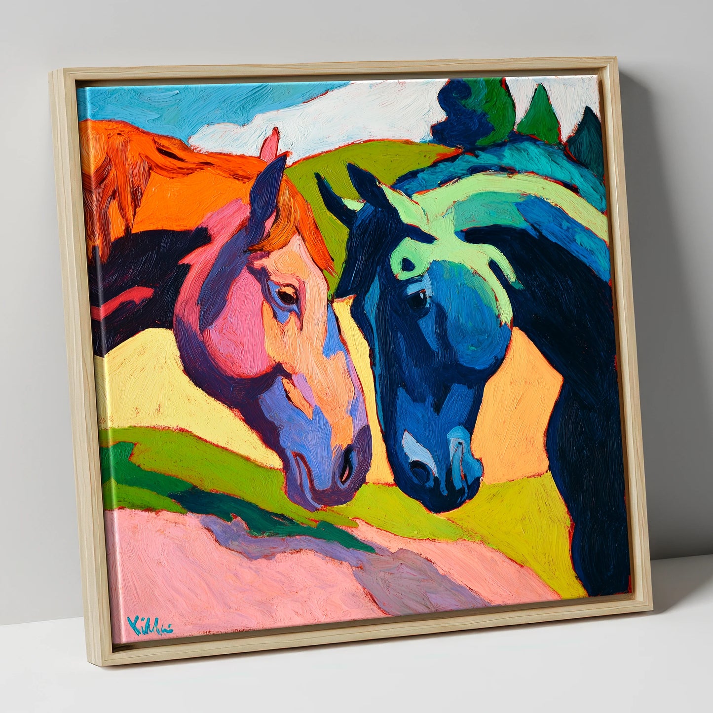 Vibrant Equine Connection horse portrait canvas wall art in natural frame
