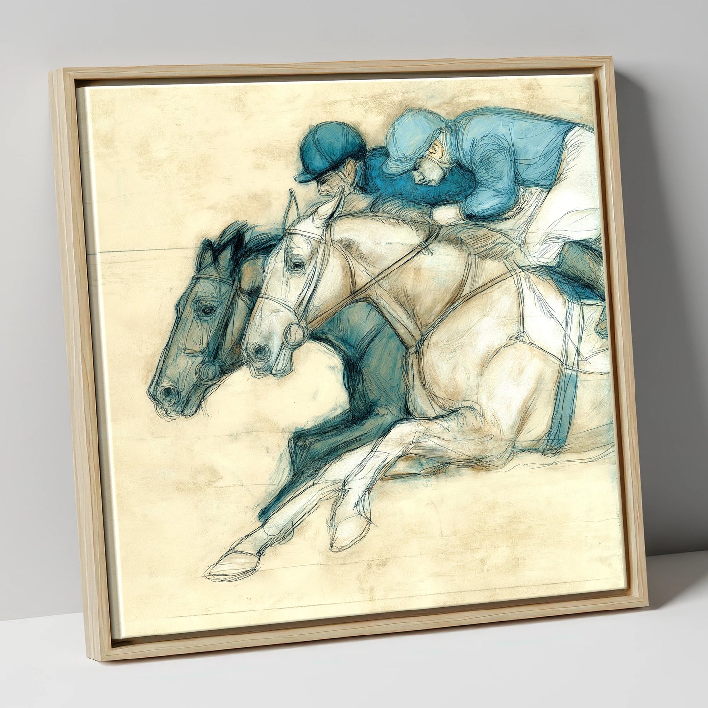 Neck and Neck racing horse canvas wall art in natural frame