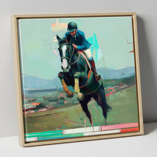 Bold Ascent show jumping horse canvas wall art in natural frame