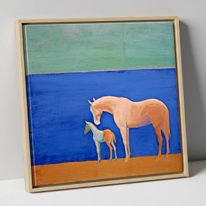 Cobalt Bond mare & foal canvas wall art in natural frame
