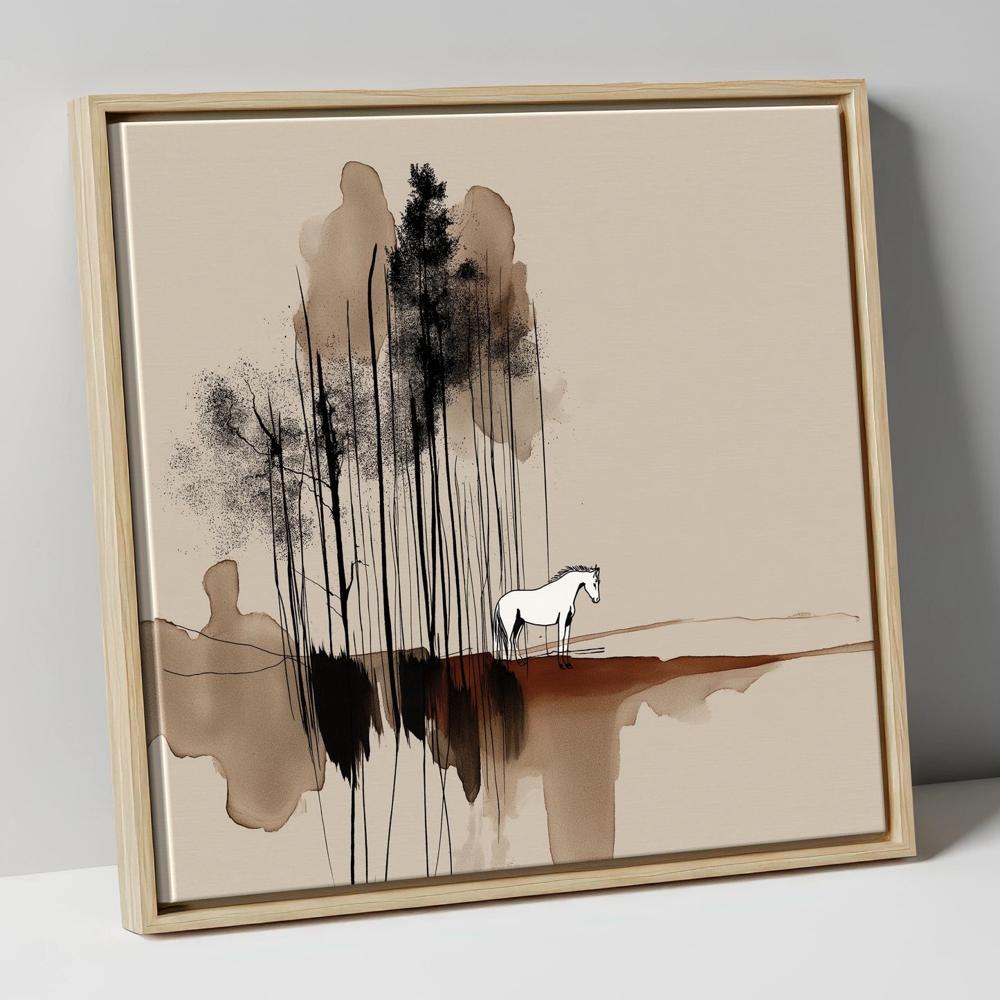 Sepia Solitude horse landscape canvas wall art in natural frame