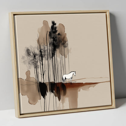 Sepia Solitude horse landscape canvas wall art in natural frame