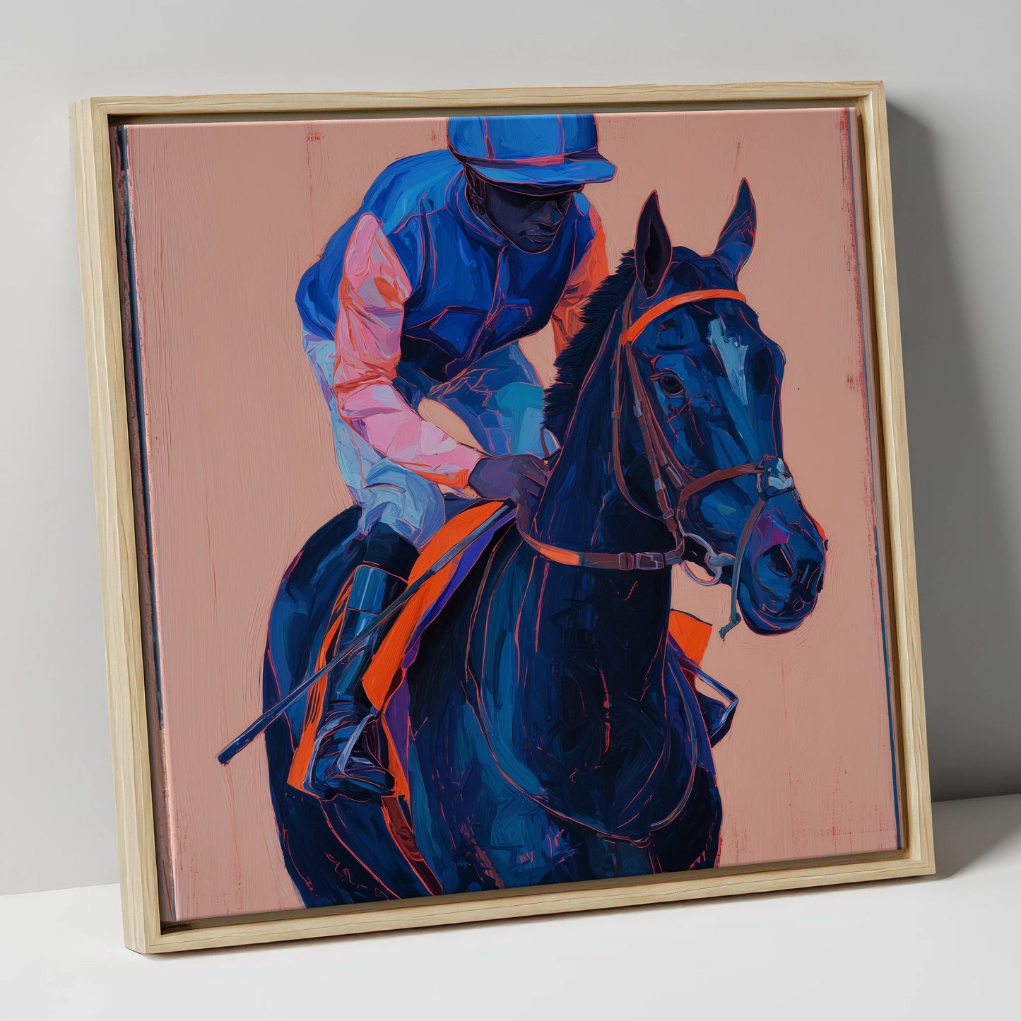 The Indigo Favourite racing horse canvas wall art in natural frame