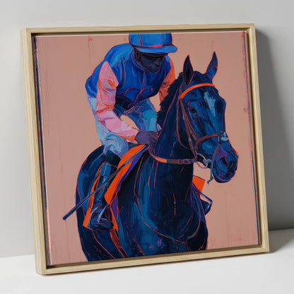 The Indigo Favourite racing horse canvas wall art in natural frame