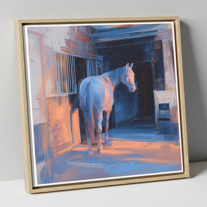 Quiet Light in the Yard horse stable canvas wall art in natural frame