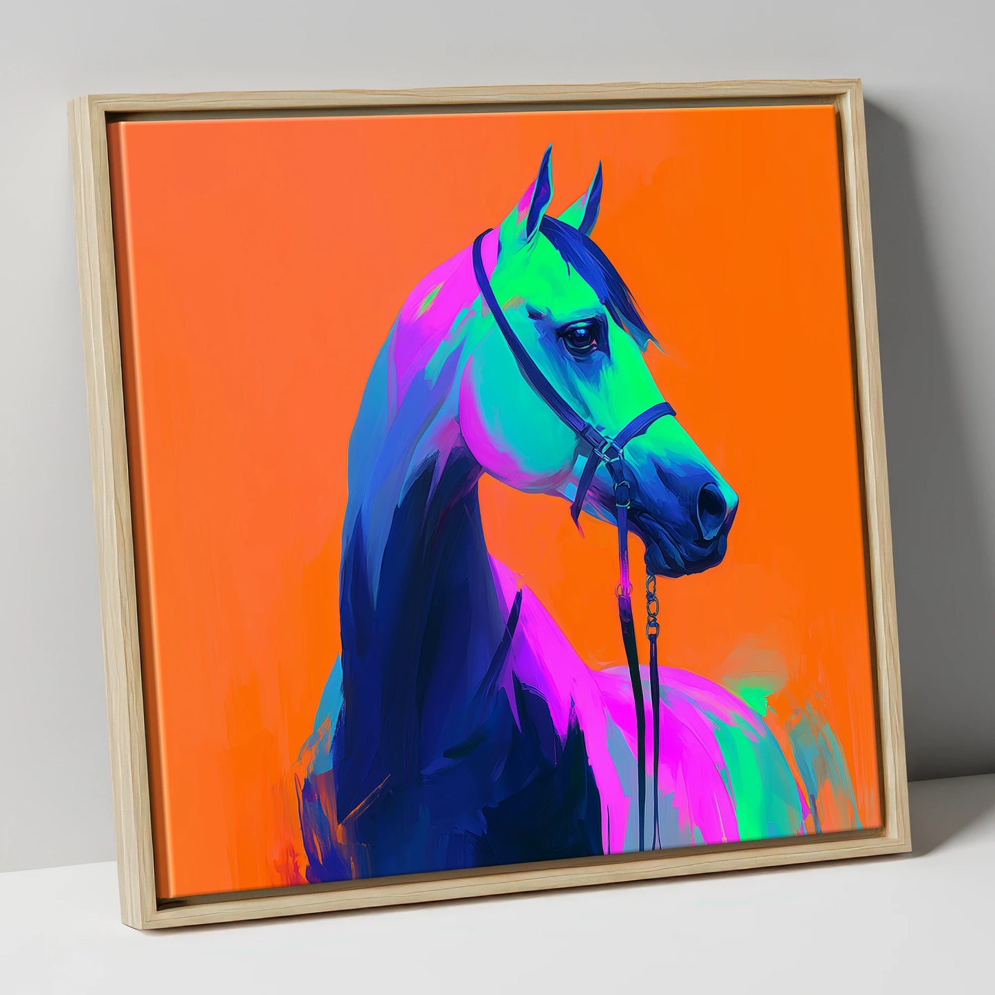 Technicolour Arabian horse breed canvas wall art in natural frame