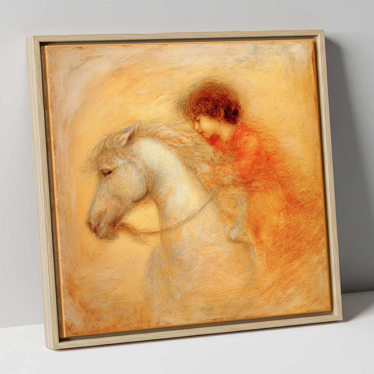 Golden Embrace horse & rider canvas wall art in natural frame
