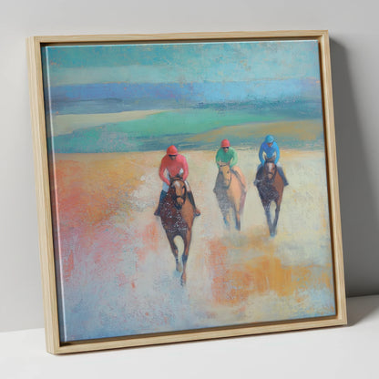 Dawn on the Gallops racing horse canvas wall art in natural frame