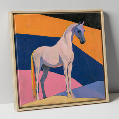 Grey Arabian Against Geometric Colours horse breed canvas wall art in natural frame