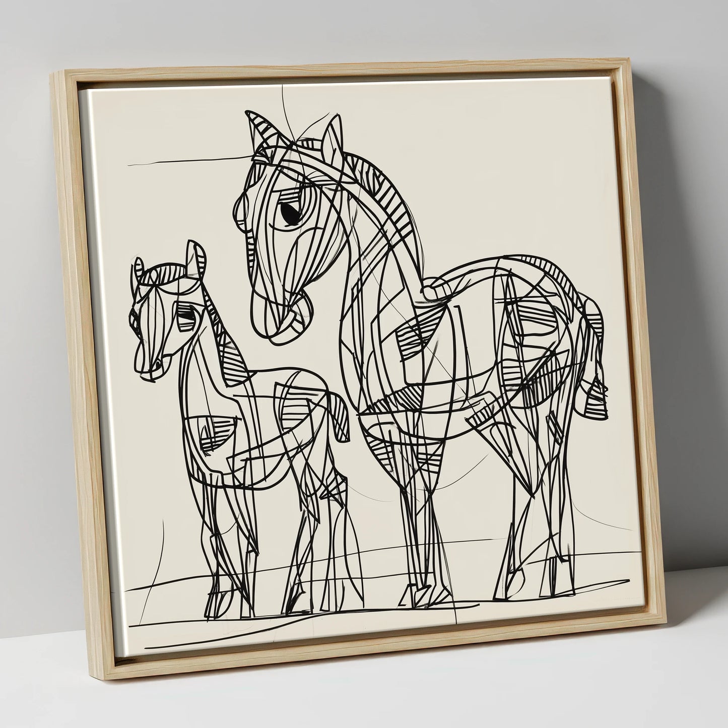 Linear Equine Bond mare & foal canvas wall art in natural frame