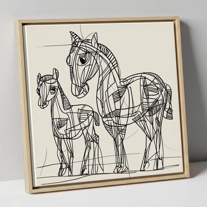 Linear Equine Bond mare & foal canvas wall art in natural frame