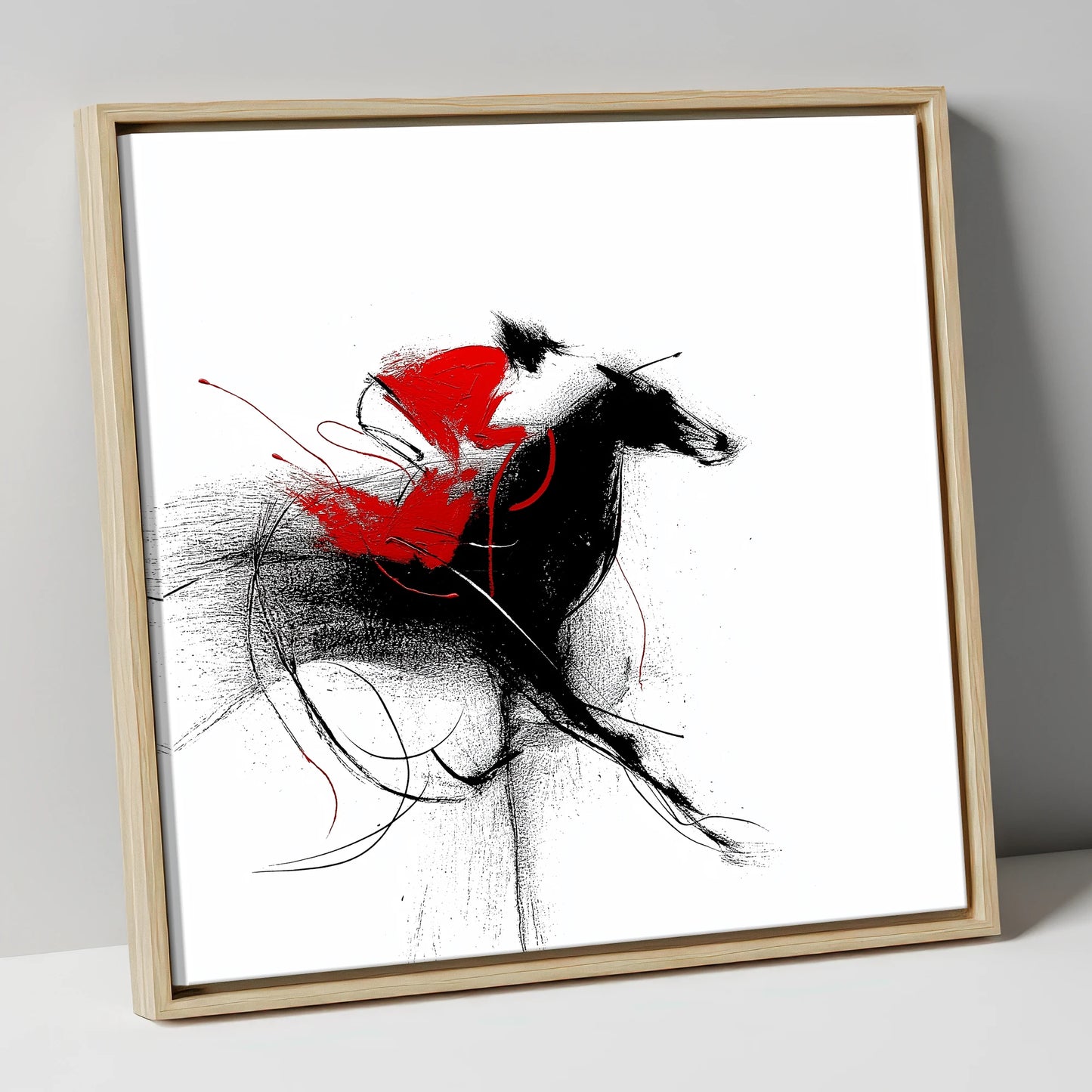 Crimson Sprint racing horse canvas wall art in natural frame
