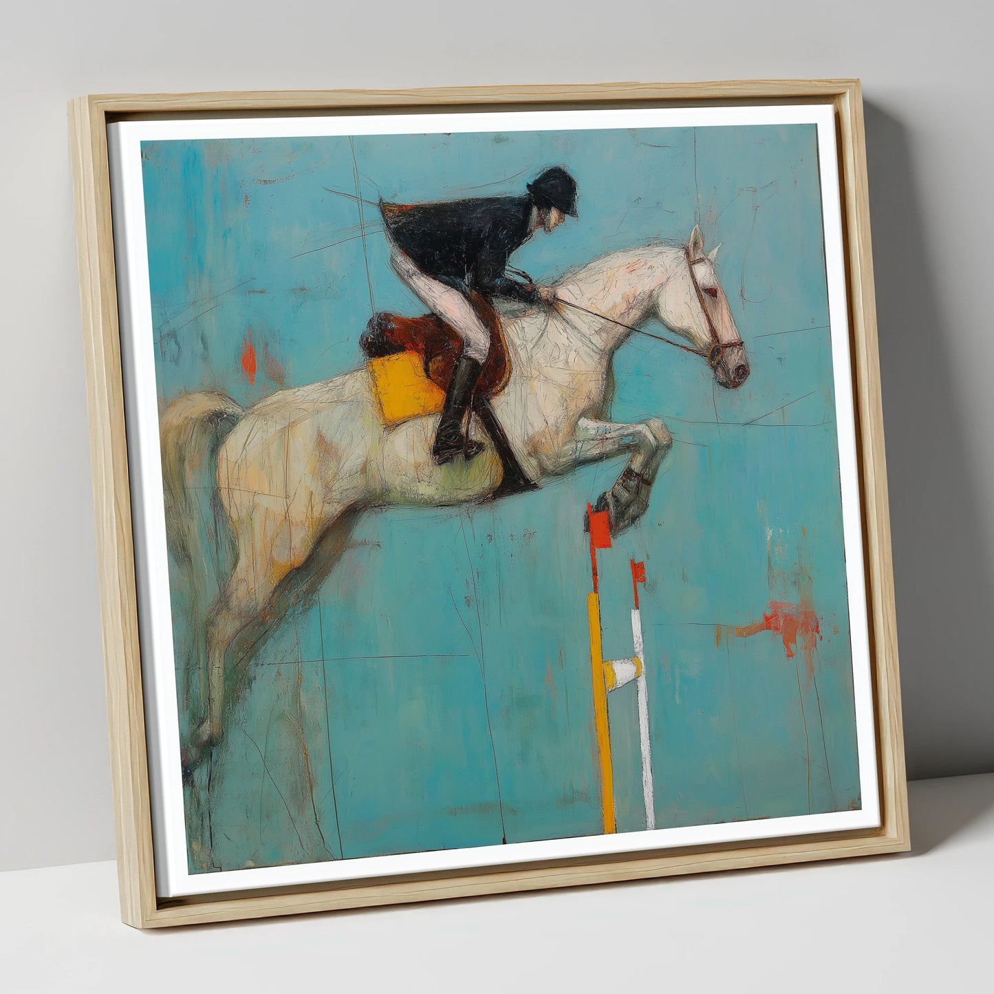 Airborne Over Teal show jumping horse canvas wall art in natural frame