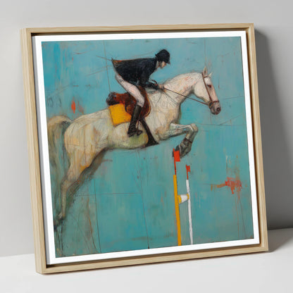 Airborne Over Teal show jumping horse canvas wall art in natural frame