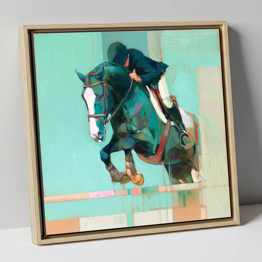 Suspended in Teal show jumping horse canvas wall art in natural frame