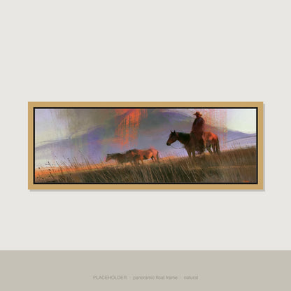 Trail Through Violet Skies Horse Landscape panoramic canvas wall art in natural float frame