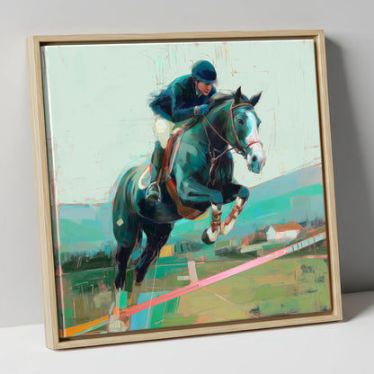 Midnight Flight show jumping horse canvas wall art in natural frame