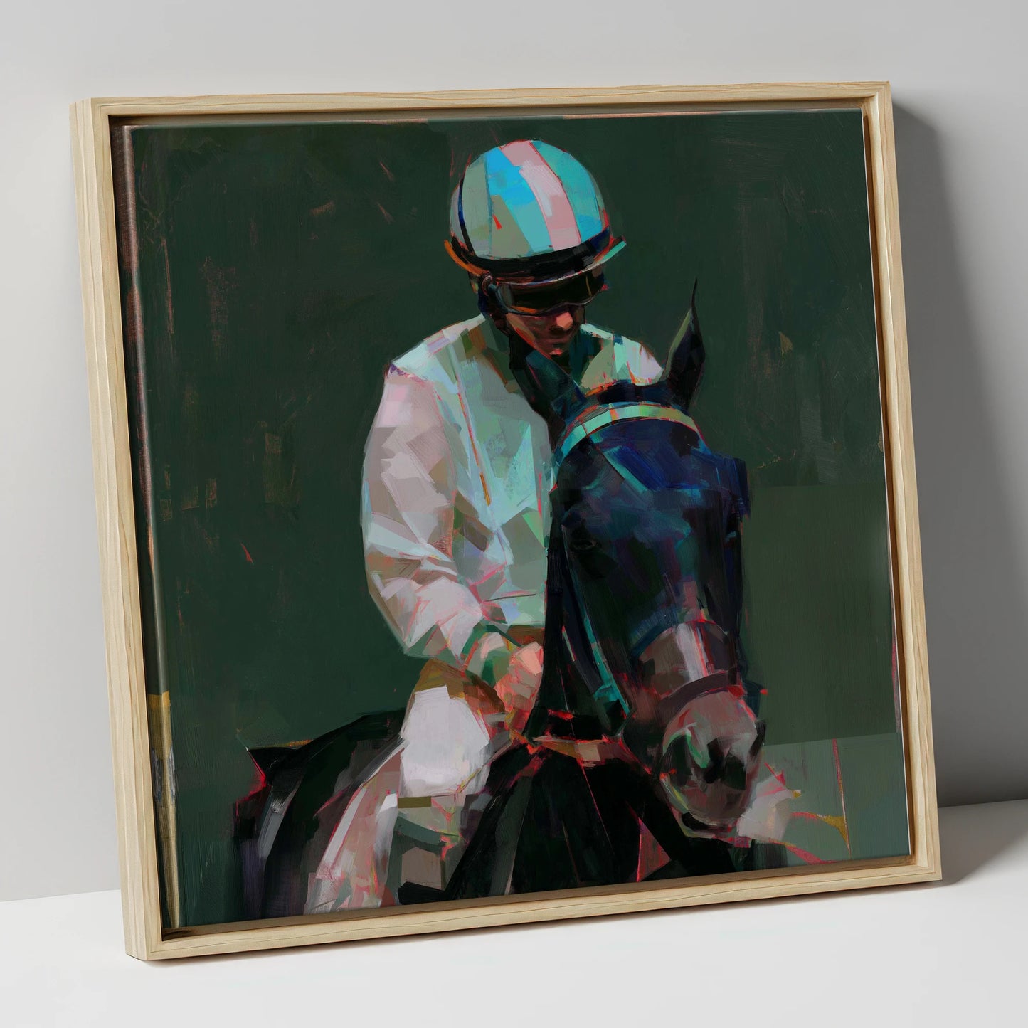 Pre-Race Focus racing horse canvas wall art in natural frame