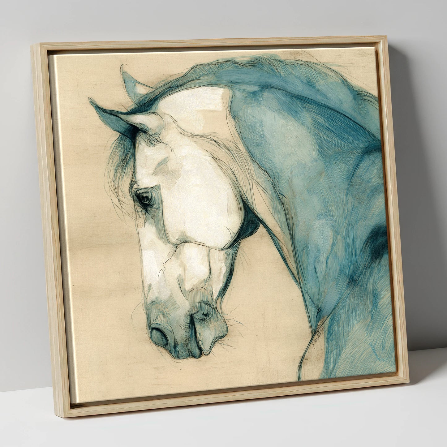 Teal Equine Study horse portrait canvas wall art in natural frame