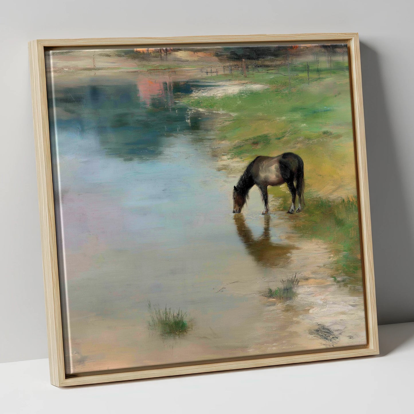 Quiet Waters Edge horse landscape canvas wall art in natural frame
