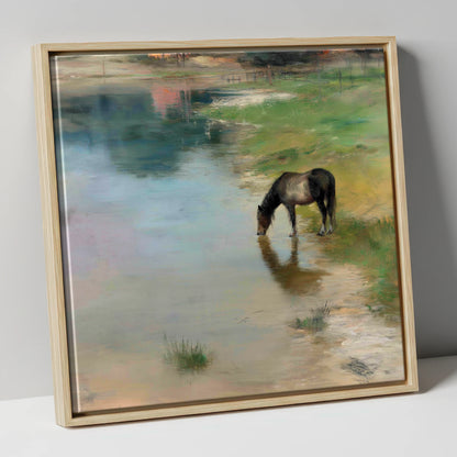 Quiet Waters Edge horse landscape canvas wall art in natural frame