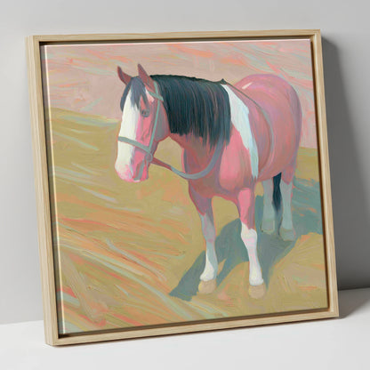 The Gentle Skewbald working horse canvas wall art in natural frame
