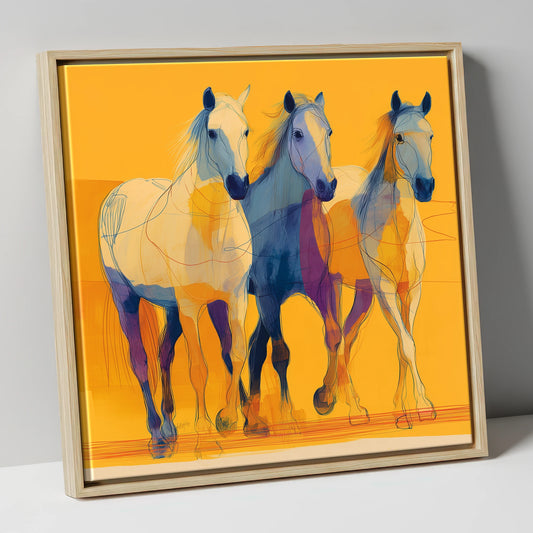 Vivid Strides in Gold horse landscape canvas wall art in natural frame