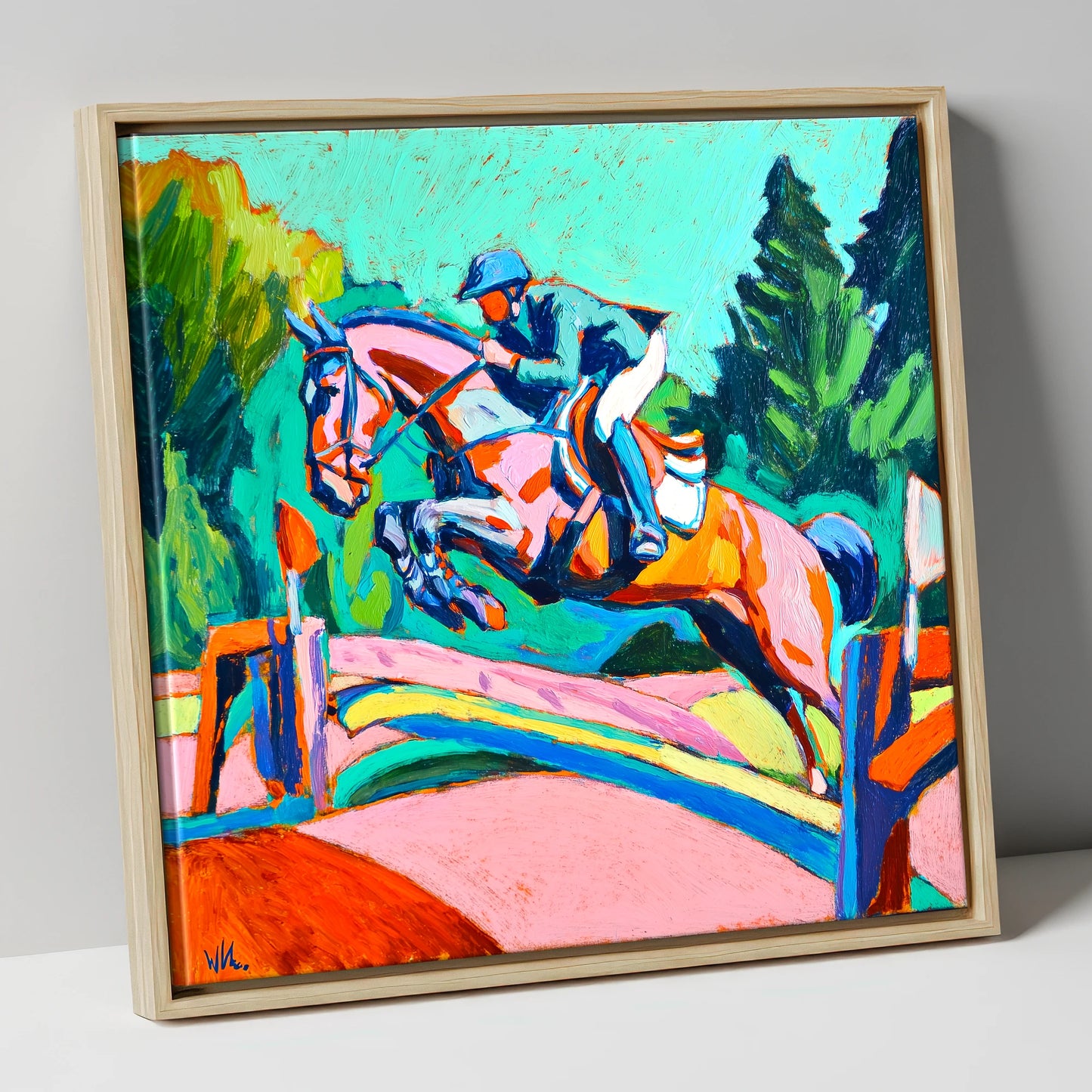 Technicolour Flight show jumping horse canvas wall art in natural frame