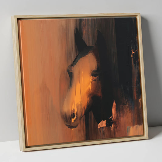 Dark Horse in Amber Light horse portrait canvas wall art in natural frame