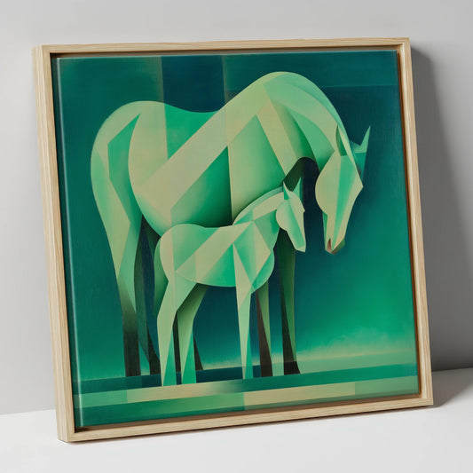 Verdant Harmony mare & foal canvas wall art in natural frame