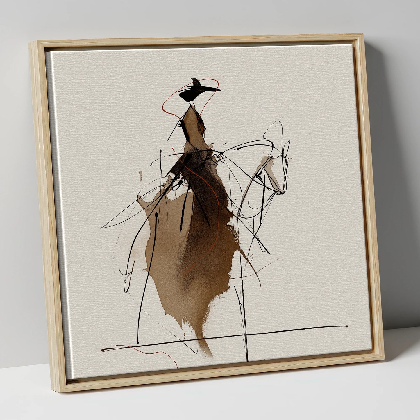 Elegant Sepia Rider horse & rider canvas wall art in natural frame