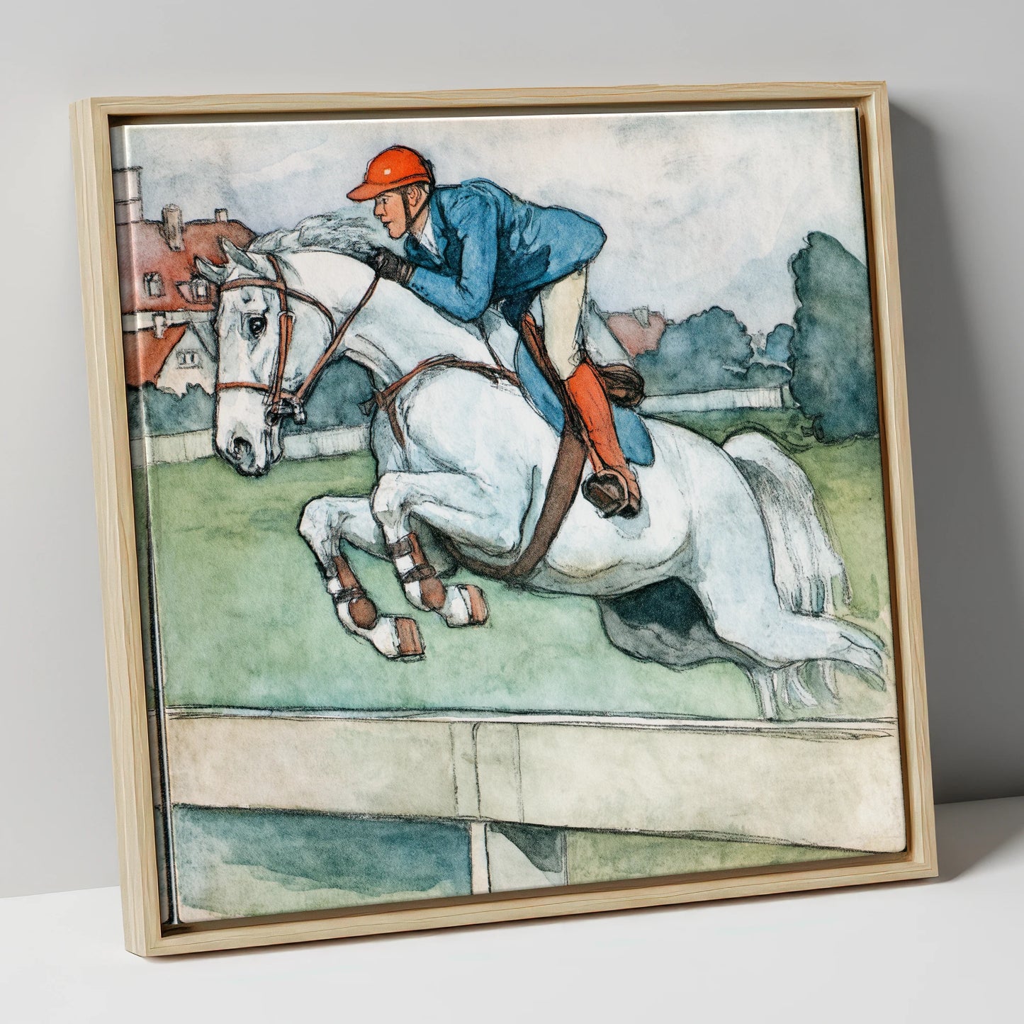 Clearing the Timber show jumping horse canvas wall art in natural frame