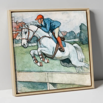 Clearing the Timber show jumping horse canvas wall art in natural frame