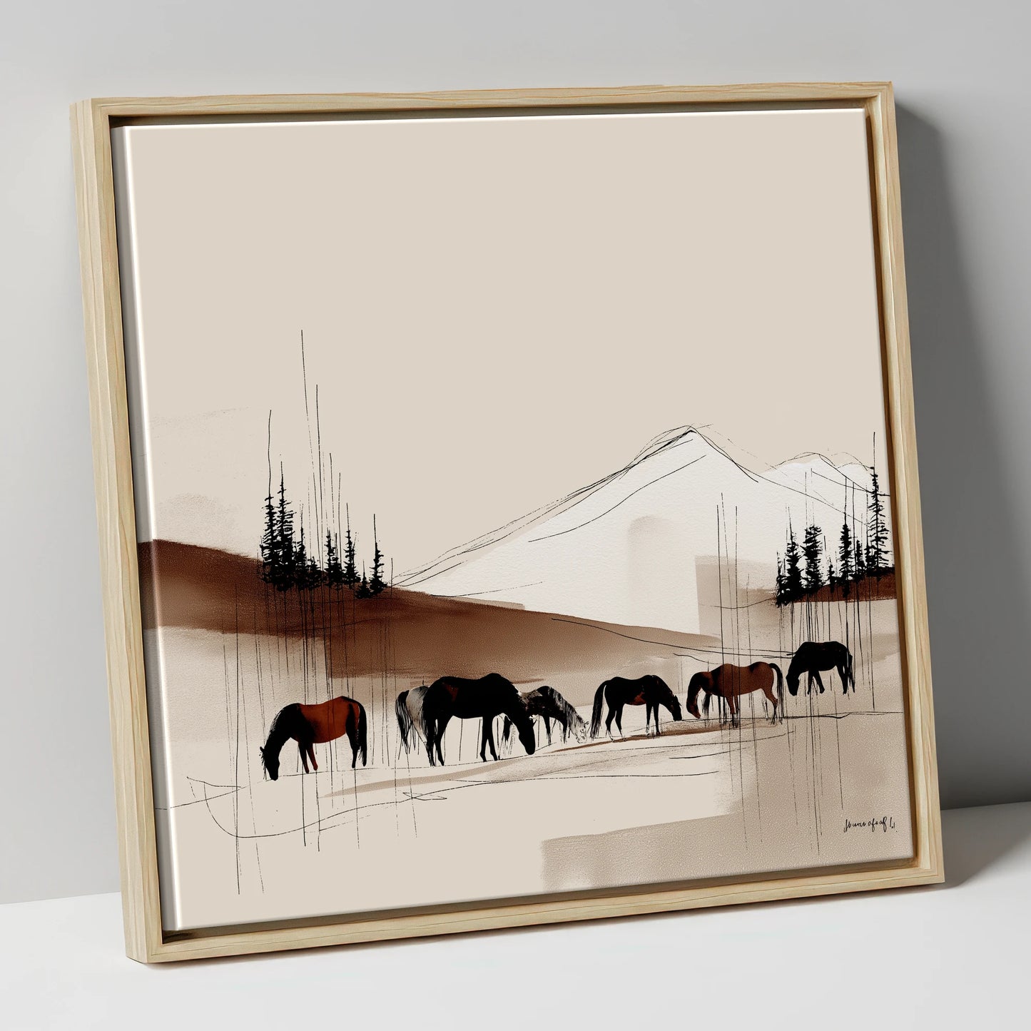 Tranquil Grazing Herd horse landscape canvas wall art in natural frame