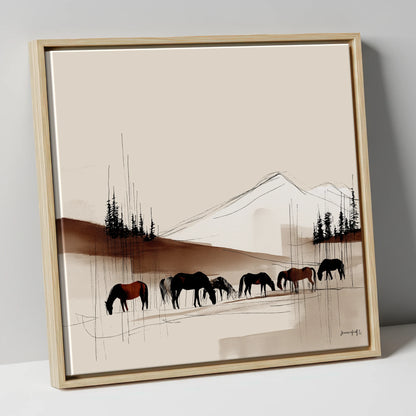Tranquil Grazing Herd horse landscape canvas wall art in natural frame
