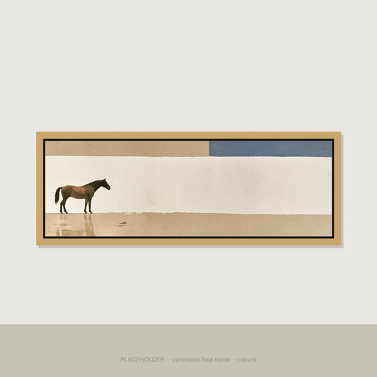 Minimalist Equine Horizon Horse Landscape panoramic canvas wall art in natural float frame