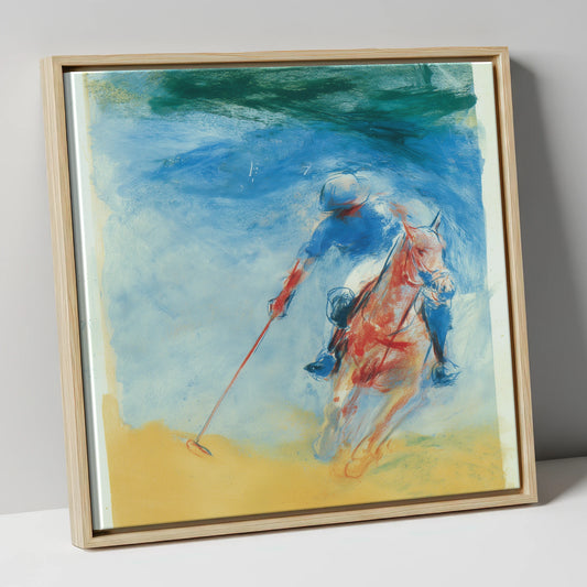 Velocity in Cerulean polo horse canvas wall art in natural frame
