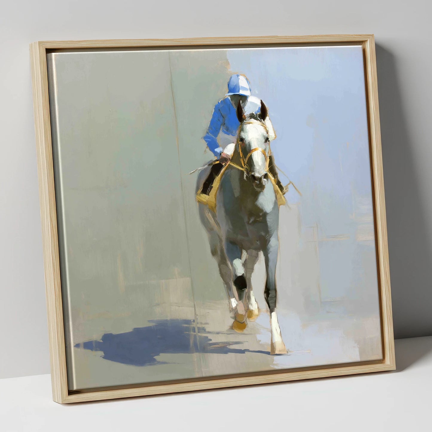 The Grey Challenger racing horse canvas wall art in natural frame