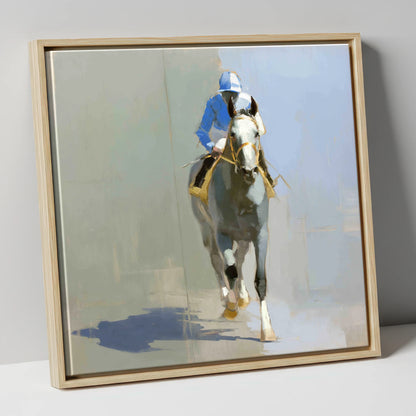 The Grey Challenger racing horse canvas wall art in natural frame