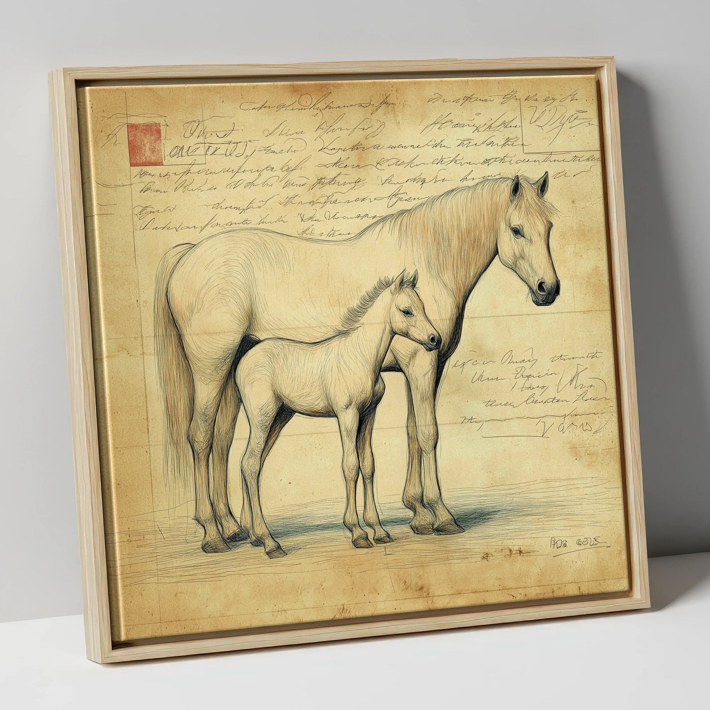 Heritage Equine Study mare & foal canvas wall art in natural frame