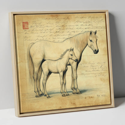 Heritage Equine Study mare & foal canvas wall art in natural frame