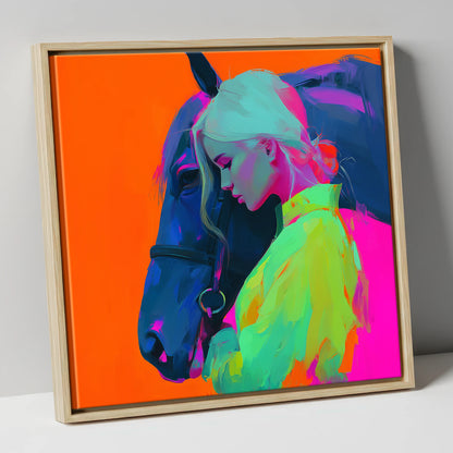 Technicolour Trust horse & rider canvas wall art in natural frame