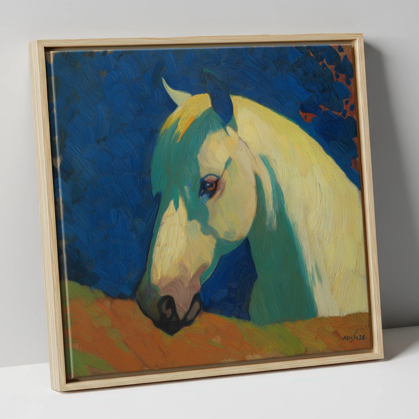 The Vibrant Grey horse portrait canvas wall art in natural frame