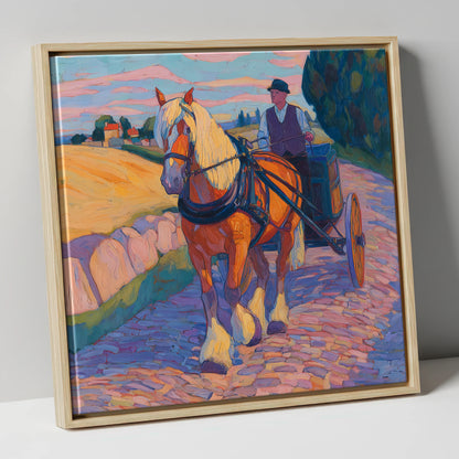 Evening Draught on Cobbles working horse canvas wall art in natural frame