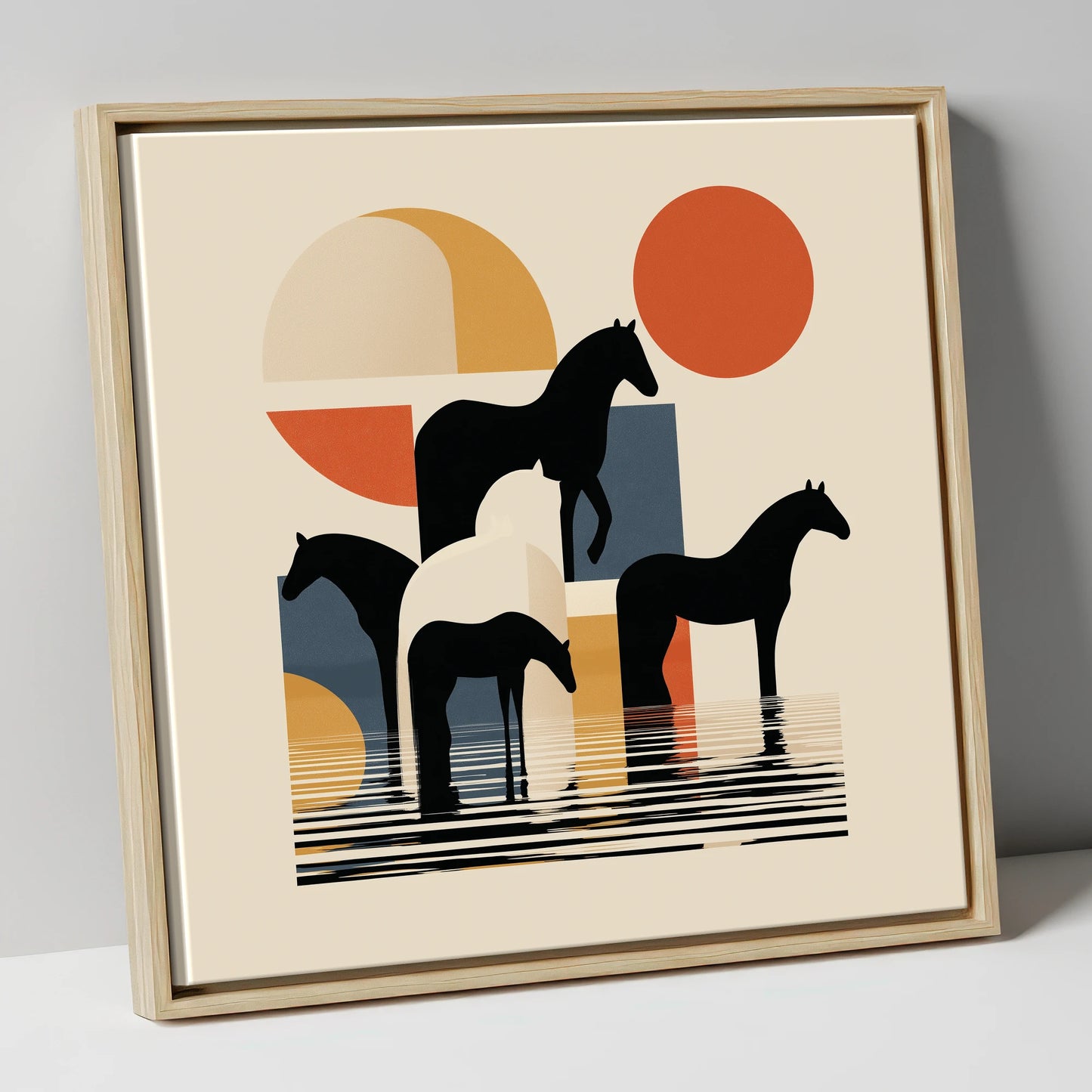 Geometric Equine Reflections wild horses canvas wall art in natural frame