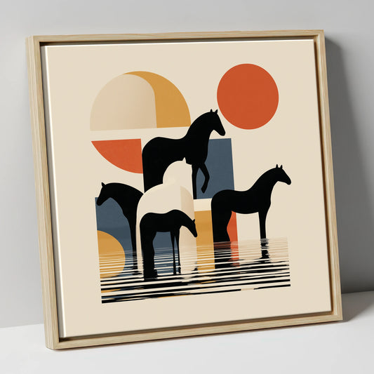 Geometric Equine Reflections wild horses canvas wall art in natural frame