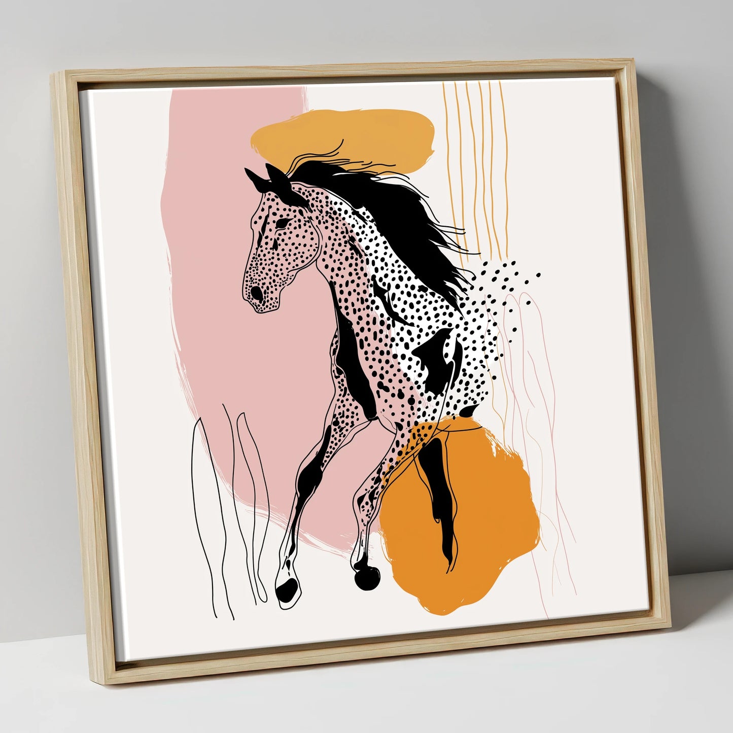 Contemporary Spotted Silhouette horse portrait canvas wall art in natural frame