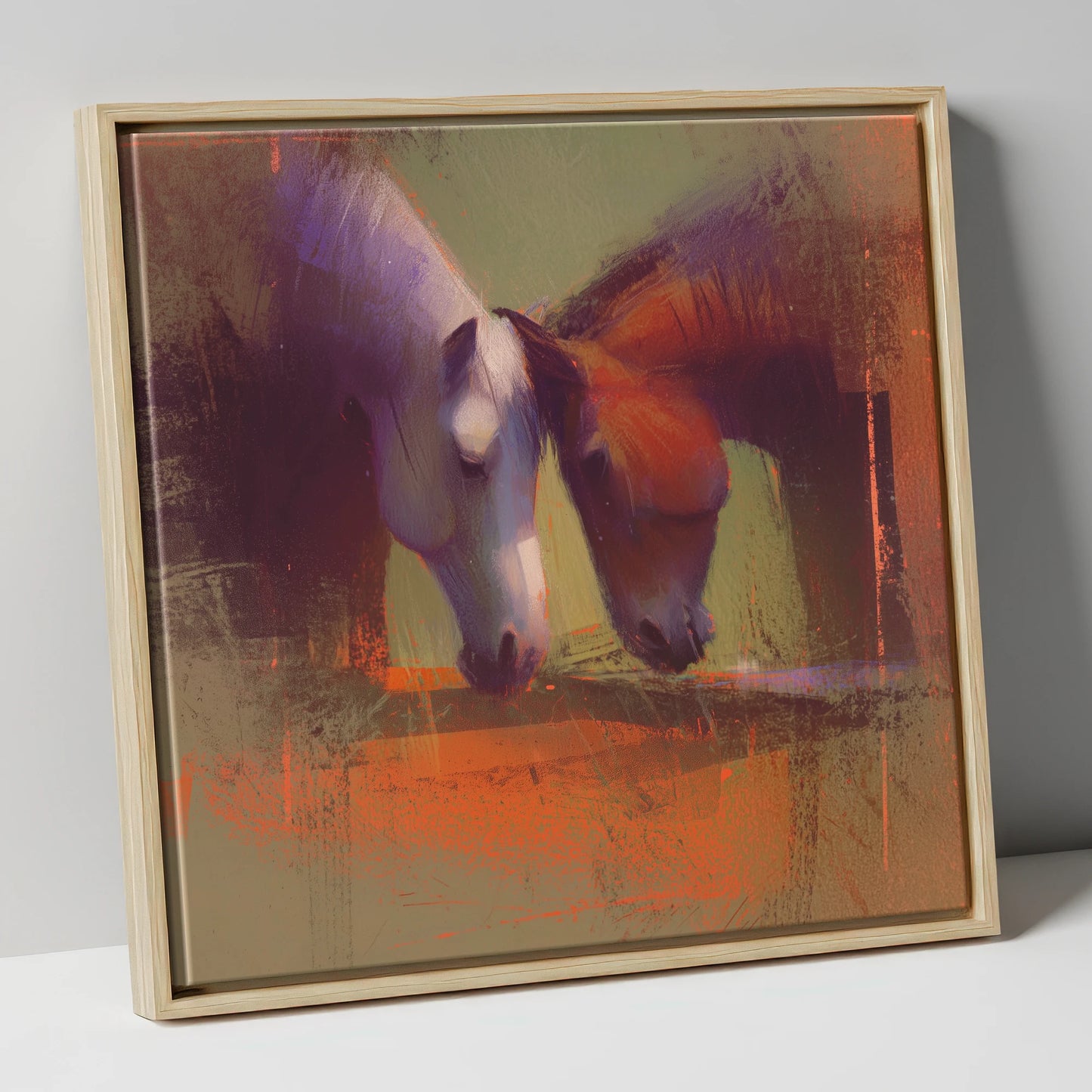 Sunlit Grazing Companions horse portrait canvas wall art in natural frame